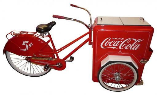 Restored Coca-Cola bicycle with cooler: Restored Coca-Cola vending bike with cooler. 40"h x 78"l x 29"w