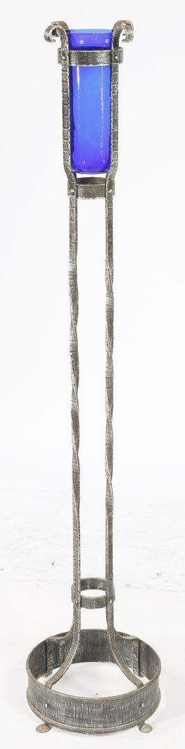 Iron Church Pillar Candle Holder: Church altar candle holder in hammered iron with twist supports and blue glass shade. 52"H x 10.5"W