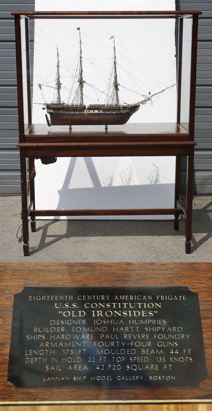 "Old Ironsides" Model Ship in Display Case: Detailed model of the eighteenth century American frigate, U.S.S. Constitution "Old Ironsides," inside a beautiful display case by the Lannan Ship Model Gallery of Boston, Mass. Originally designed by