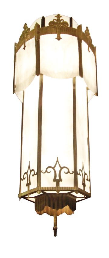 Art Deco Cylindrical Church Light: Art-deco, cylindrical light with bronze detail and white glass. 66"h x 21"w at the top (17"w at the base)