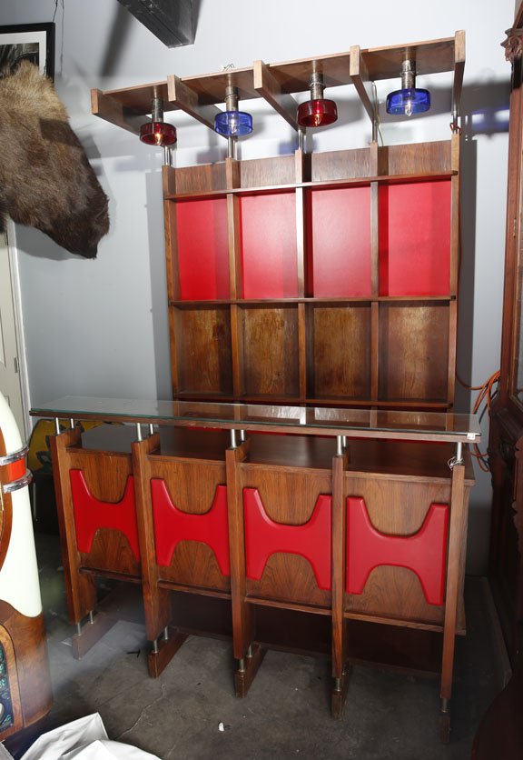 Italian Mid Century Front and Back Bar: Italian mid century front and back bar in walnut and and red leather with glass pendant lights. 90"H x 60"W x 45"D