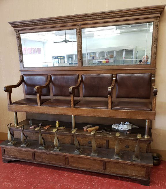 Koken Four Seat Shoe Shine Stand: Antique Rare four seat Koken shoe shine stand from a hotel in OK, circa 1890 - 1910. 61"H x 8'W x 32"D