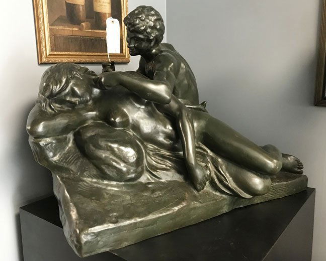 Bronze Depicting Satyr and Nymph: Bronze depicting satyr and nymph signed by listed artist Jef Lambeaux (1852 - 1908). 21"H x 30"L x 18"D