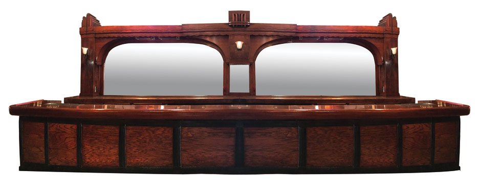 Art Deco Front and Back Bar: Art Deco back and front bar with double arches, unique lighting, and plenty of storage. 24'2"l x 8'4"h x 7'deep. Counter is 45"h