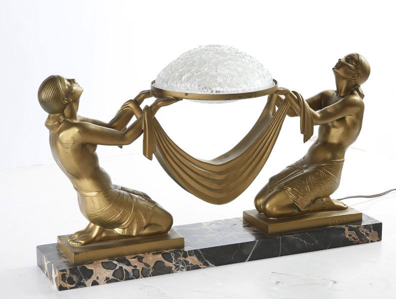 Art Deco Lamp Signed Nancy Daum Shade & Favral Body: Beautiful art deco period lady lamp with body signed Favral and shade signed Nancy Daum France. 20"L x 12"H x 8"D