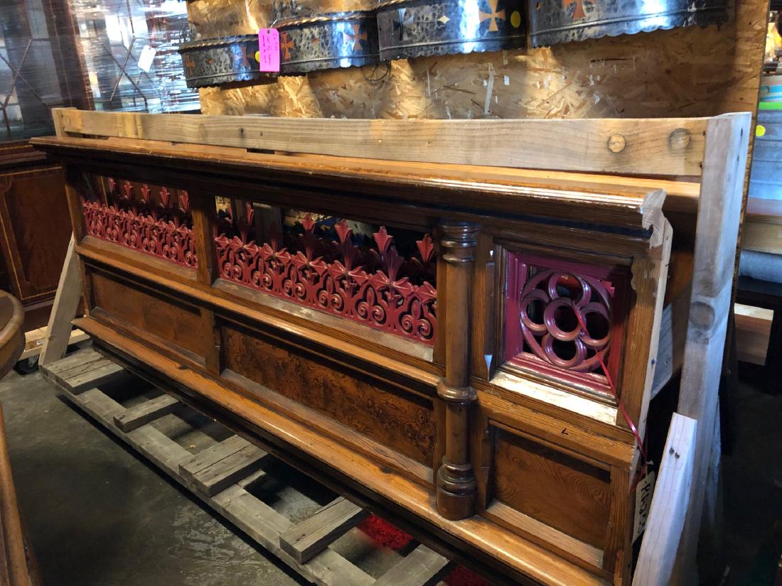 2 sections of wood and iron gothic railing: 2 sections of gothic railing in wood and wrought iron and spires. 36" high x 95" long, per section.