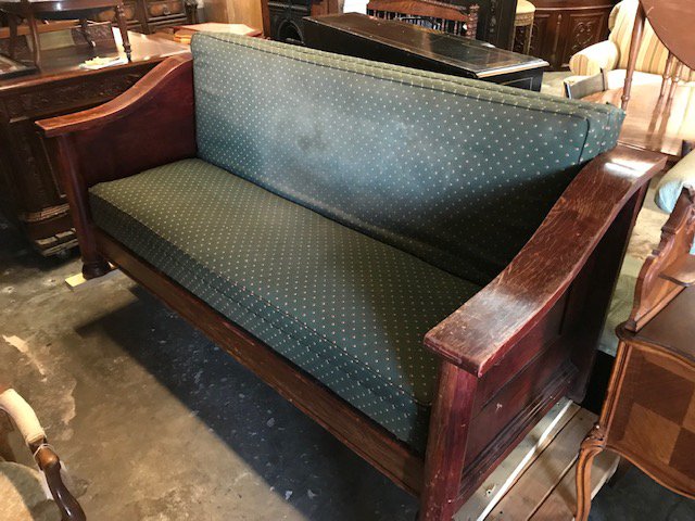 "Saloon" Sofa: "Saloon" sofa with wood frame and saloon doors on back. 39"H x 82"W x 24"D