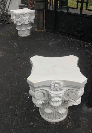 Pair of White Marble Corinthian Caps: Pair of finely carved white marble Corinthian caps. 18"H x 15"SQ each