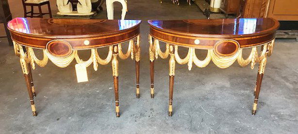 Pair of Maitland Smith Demi Lune Tables: Pair of Maitland Smith inlaid demi lune tables with ormolu. 33"H x 4'W x 25"D each