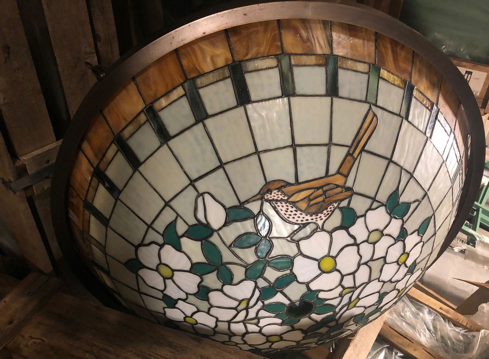 Stained glass dome light with birds and dogwoods: Stained glass dome light with birds and dogwoods. 36" diameter