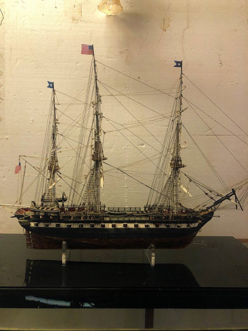 Model of American Frigate Ship: Model of American Frigate on Lucite Base. Ship is 36"L x 27"H x 6"W. 29"H overall. Base is 41"L x 16"W x 2" H
