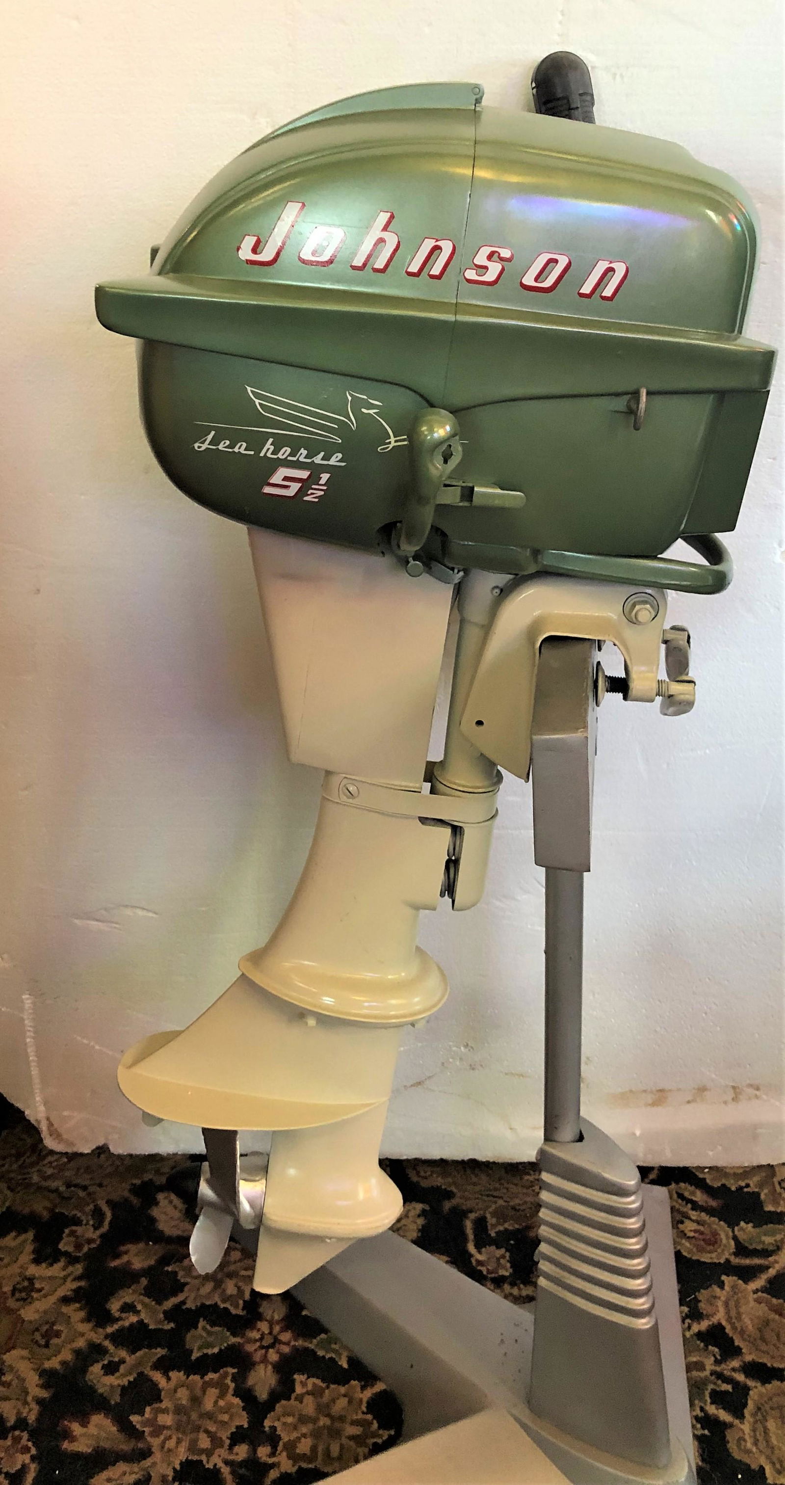Vintage Johnson 5HP Motor: Vintage restored Johnson 5HP outboard motor in green. 39" x 12" x 17"*STANDS NOT INCLUDED*