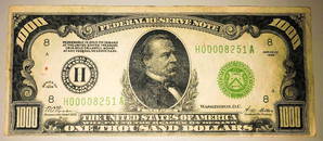 $1,000 bill Series 1928 serial number H00008251A