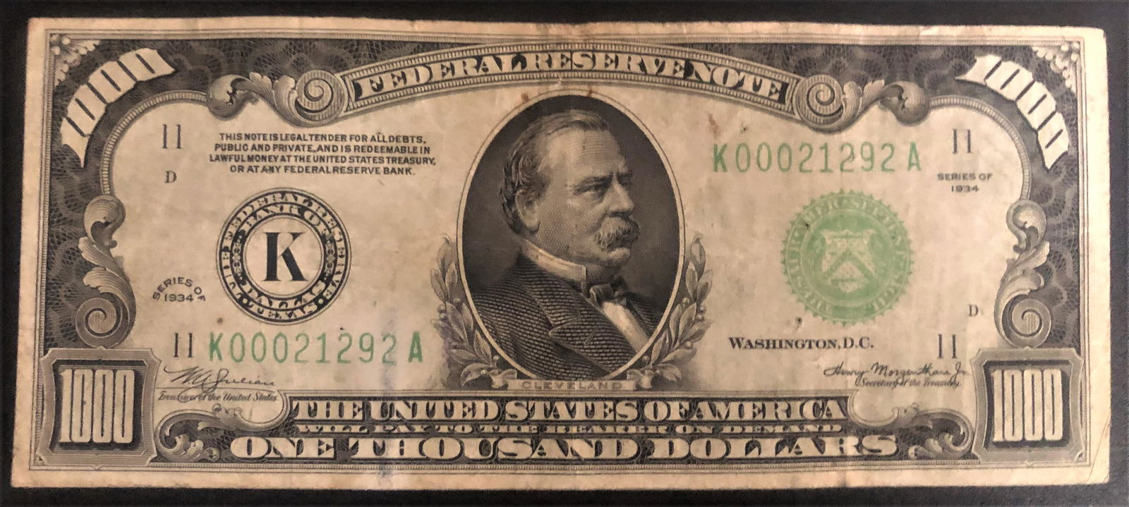 $1000 bill Serial K00021292A Dallas (1 of 2)