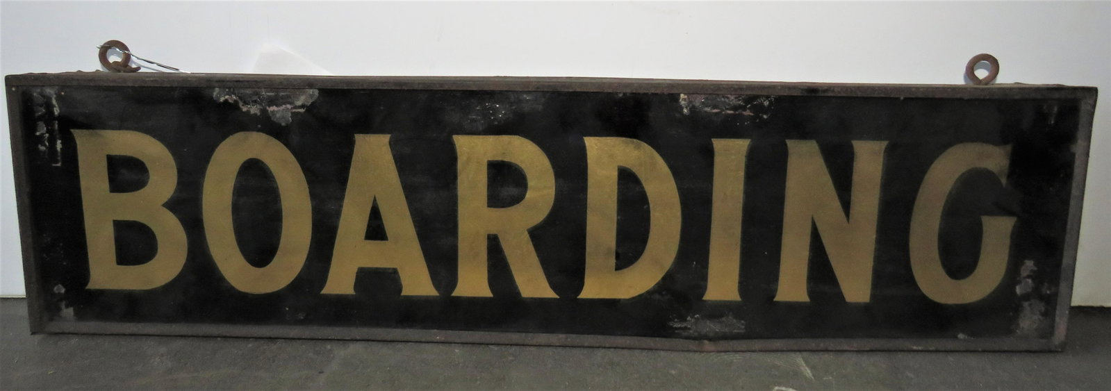 Vintage American Reverse on Glass Sign "BOARDING".: Vintage American reverse on glass sign "BOARDING". 6" High x 24" Wide