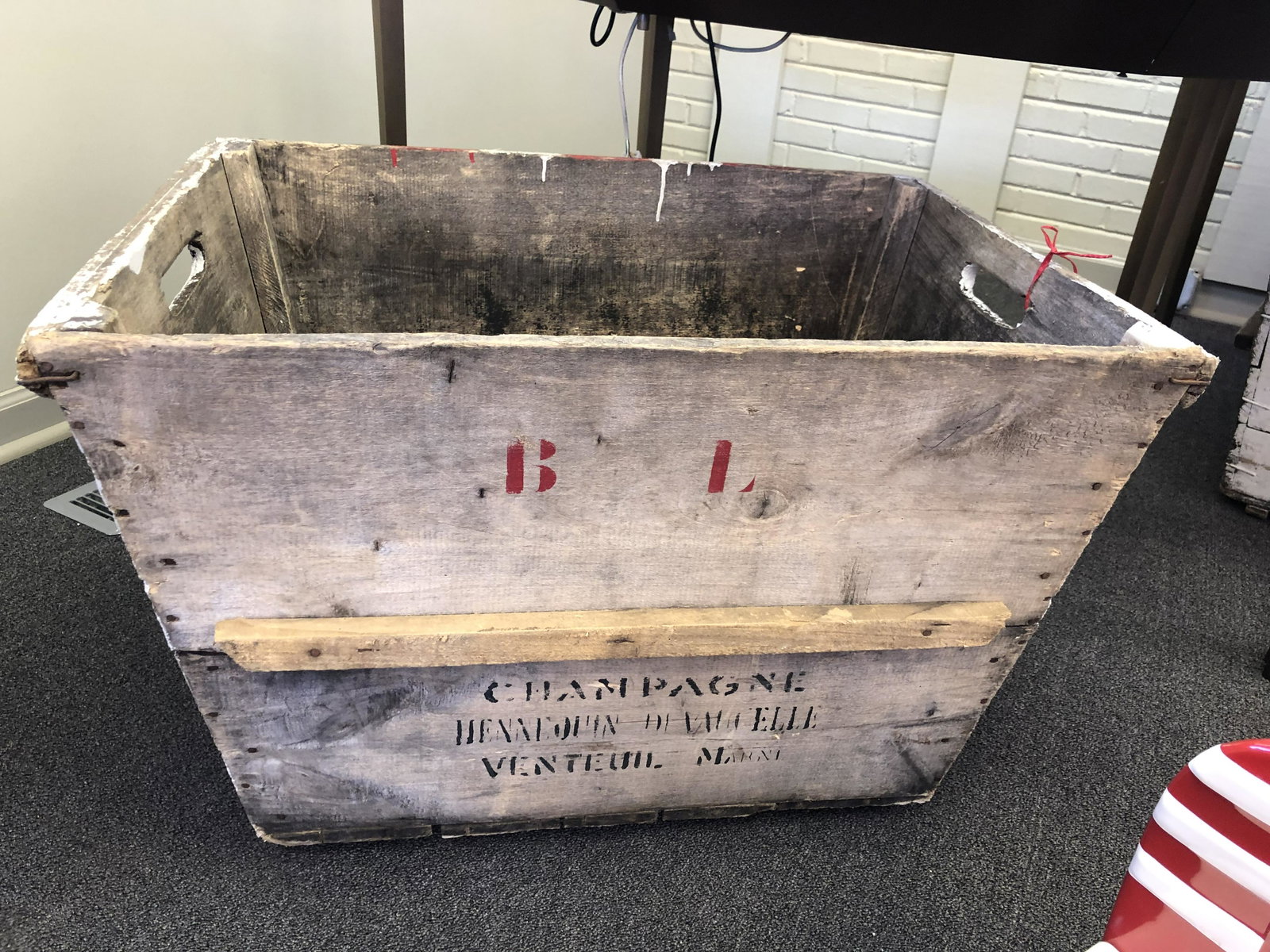 Vntage French Champagne Grape Gathering Crate: Vintage French wooden grape gathering crate from Champagne, marked from the chateau. 20.5" High x 32" Wide x 22" Deep