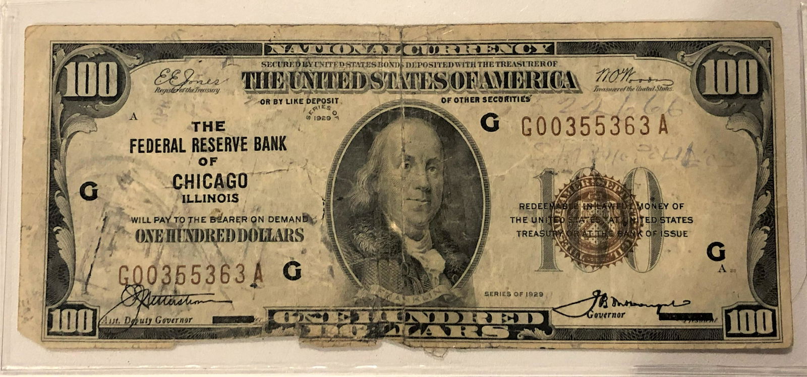 1929 Series One Hundred Dollar Bill Serial #G00355363A: 1929 Series One Hundred Dollar Bill Serial #G00355363A