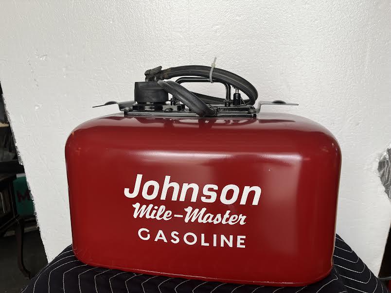 Vintage restored Johnson racing boat motor oil can. 12" h x 18"W x 10"D: Vintage restored Johnson racing boat motor oil can. 12" h x 18"W x 10"D