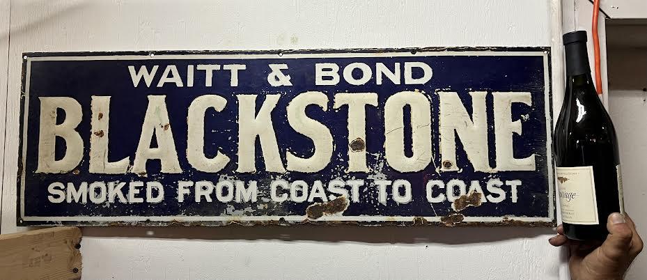 Vintage Blackstone Waitt & Bond cigar sign in porcelain over metal. "H x 36"W