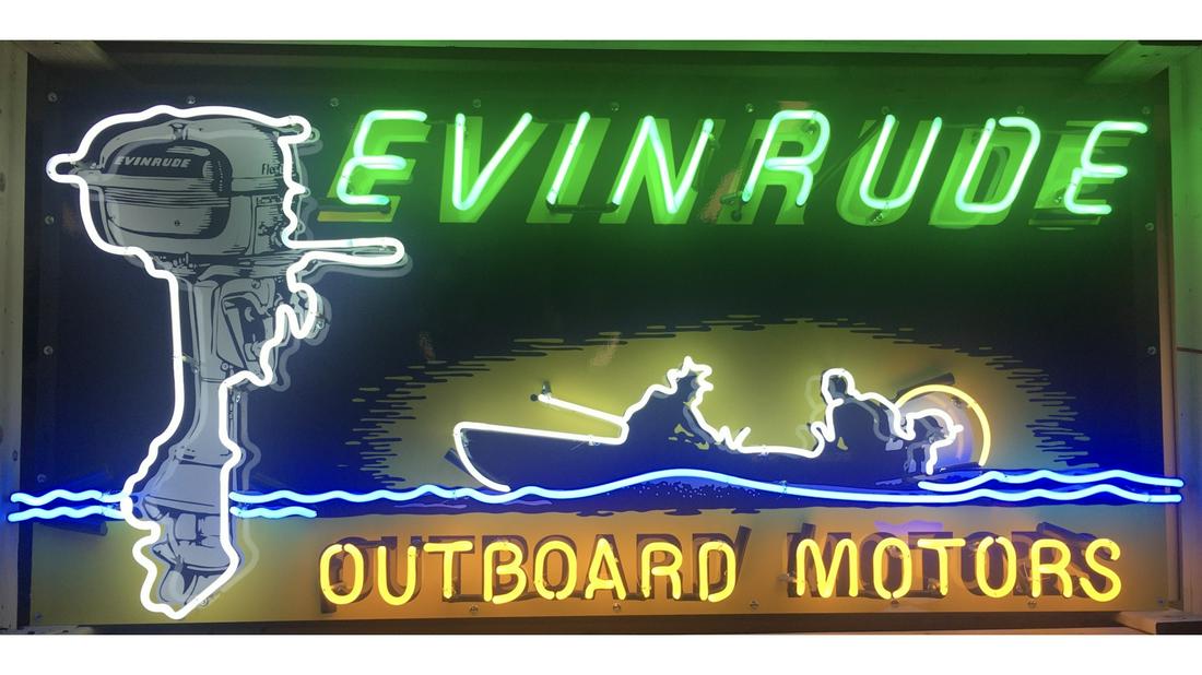 Evinrude Outboard Motors neon sign featuring a motor and men in a