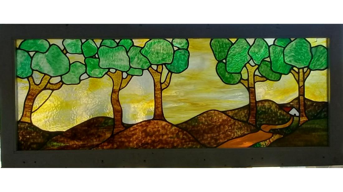 Stained glass window with trees with granite glass- American circa 1920. Unsigned attributed to: Stained glass window with trees with granite glass- American circa 1920. Unsigned attributed to Duffner. 20.25" H x 48"W