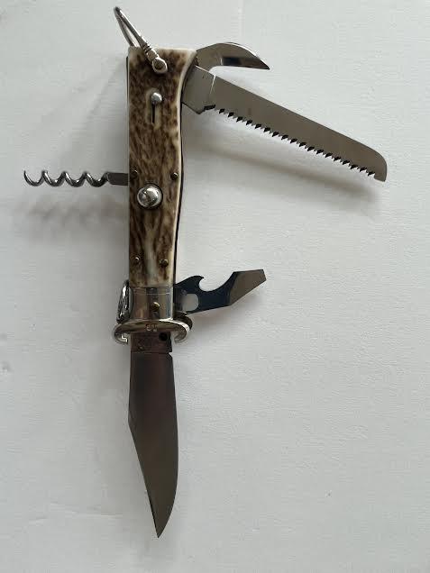 Lepre multi tool pocket knife with switchblade, saw, bottle openers, corkscrew and faux wood case,: Lepre multi tool pocket knife with switchblade, saw, bottle openers, corkscrew and faux wood case,