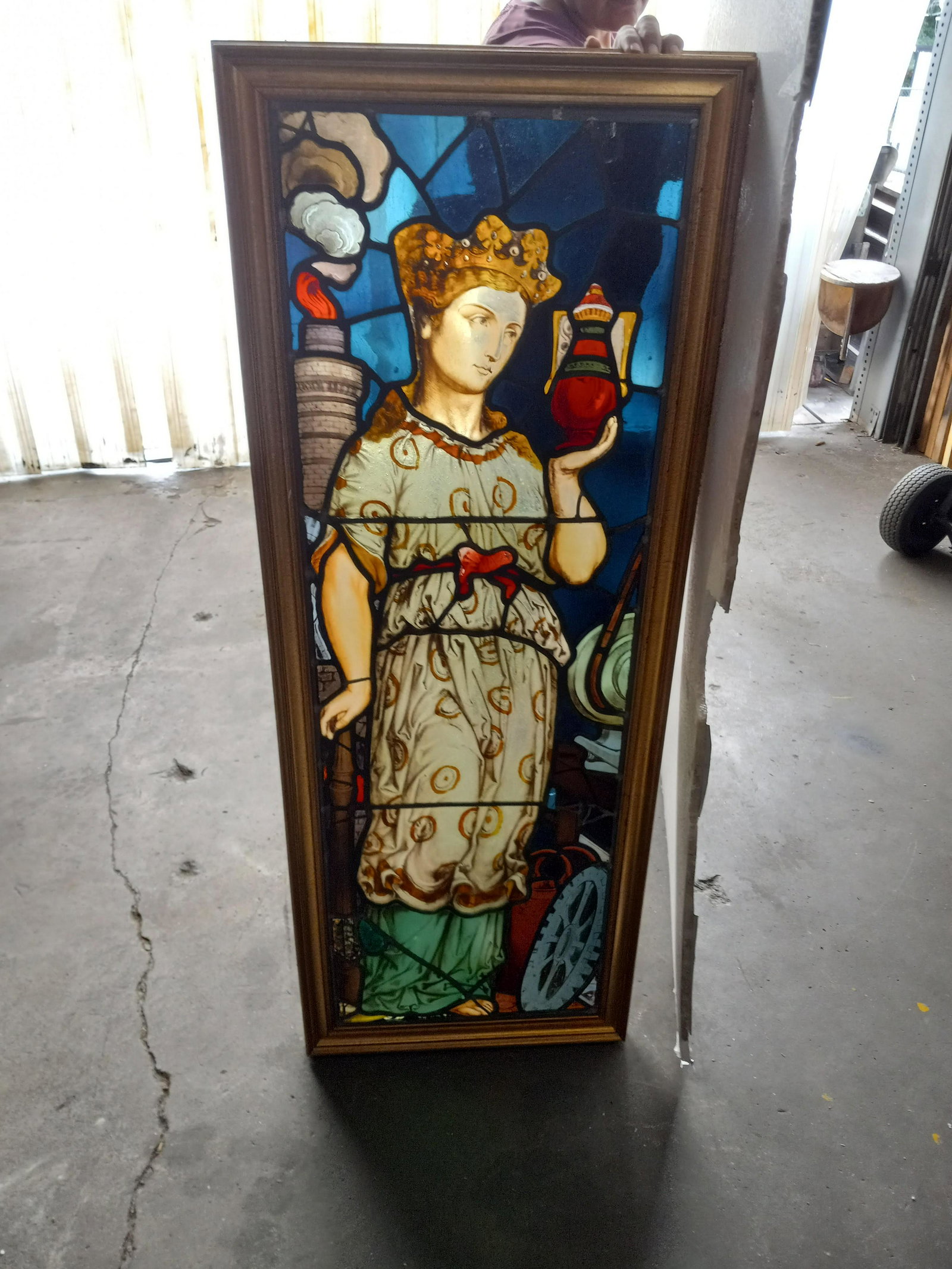 Stained and painted glass lady holding urn window (1 of 2)