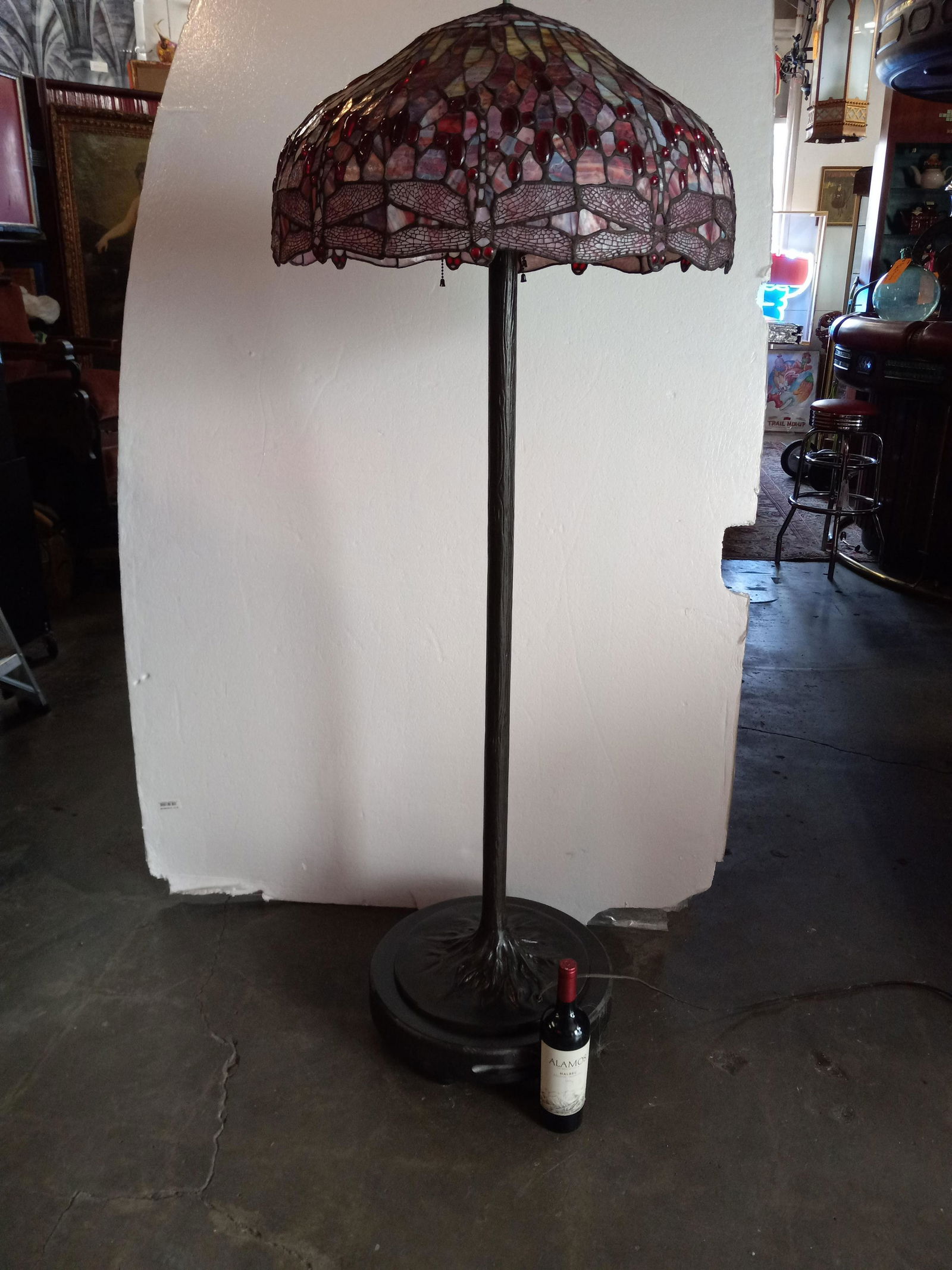 Stained glass dragonfly lamp on bronze tree trunk base (1 of 3)