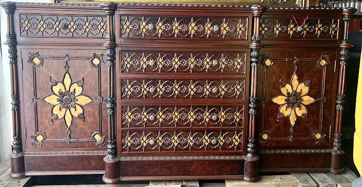 Carved Inlaid Mahogany Sideboard: Carved inlaid sideboard in mahogany and fruitwood. 38"H x 76'W x 23"D.