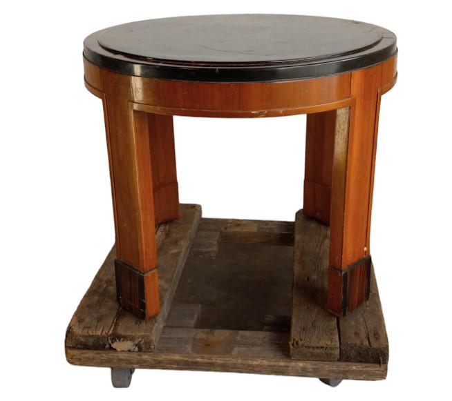 Round Art Deco table with tiger wood detail.. 24"H x 20"D: Round Art Deco table with tiger wood detail.. 24"H x 20"D