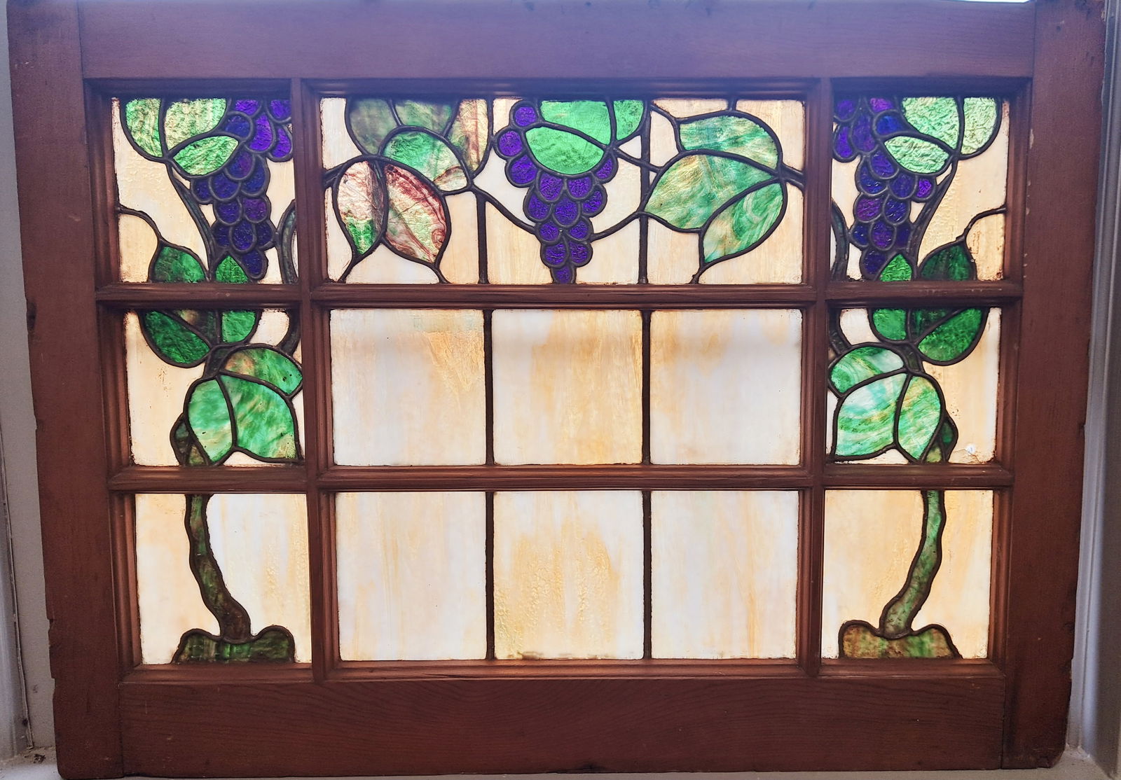 Grapes and Vines Stain Glass Window: Grapes & Vines With Cream Colored Tiles All Stain Glass Steeing for a Window. 23"H x 32"W x 2"D