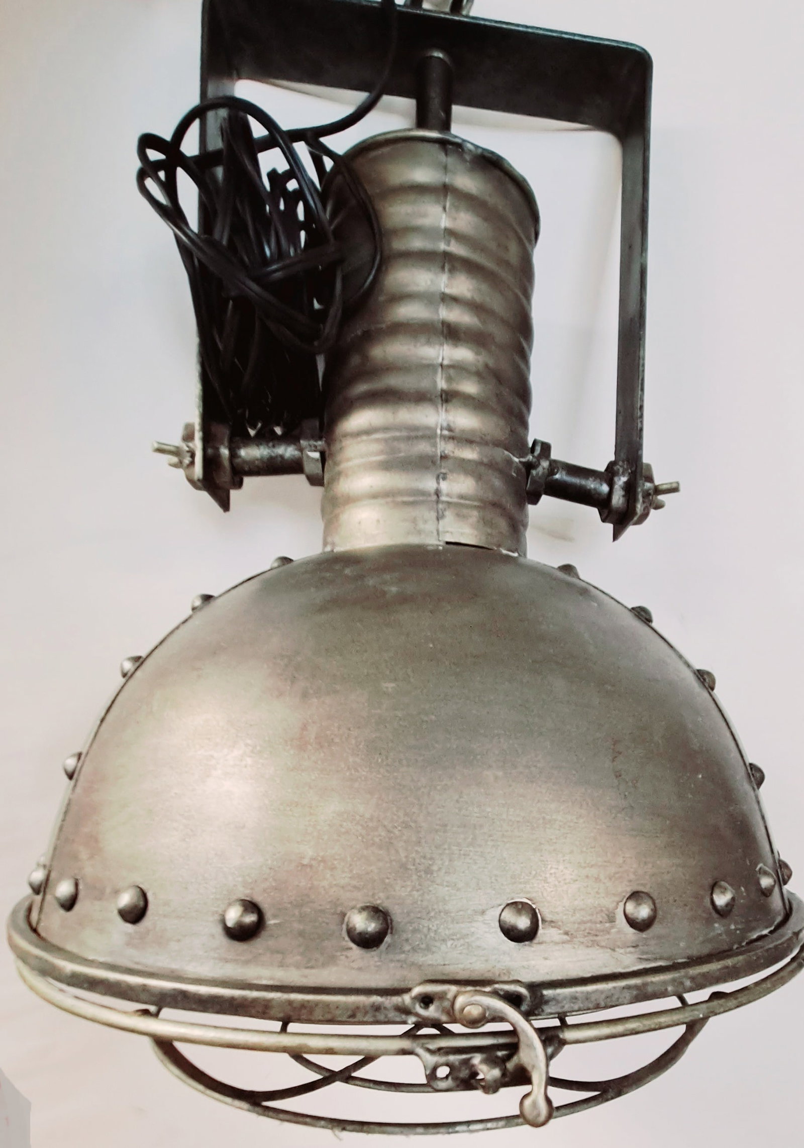 Industrial Style Steel Hanging Lights: Pair Of Steel Made Rewired Industrial Hanging Lights W/ Rivits & Steel Cage Bottom Cover. 18"h x 12"w x 12"D