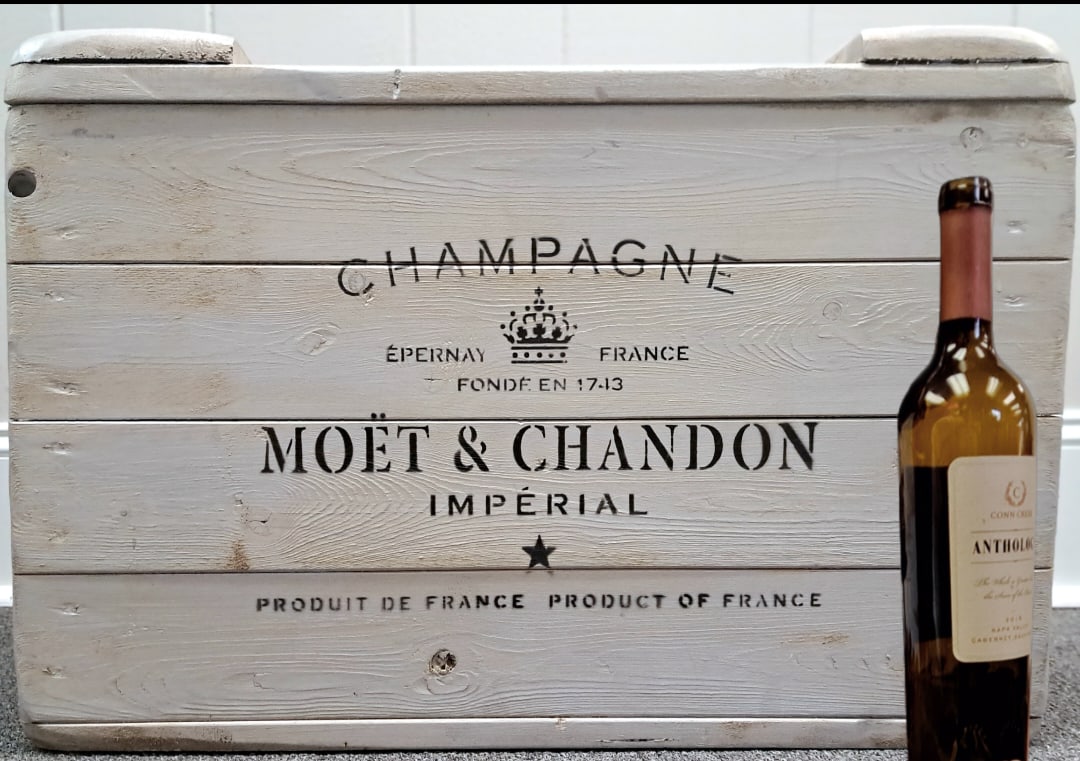 Gray Moet & Chandon Labled Trunk W/ Handles: Moet & Chandon Labled Champaign Trunk With Side Handles & A Open / Close Hinged Top. Painted Light Gray W/ Black Lettering. 16"H x 27" W x 11"D