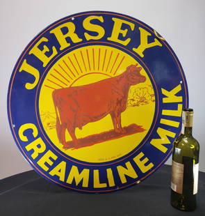 Jersey Creamline Milk Sign: Round Porcelain advertisement for Jersey Creamline Milk. Blue, Yellow, Red 14" x 14"