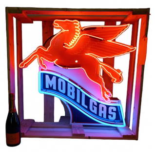 Mobil Oil Neon Flying Pegasus: Red and white mobile oil neon featuring the iconic flying Pegasus 30" H x 32"W x