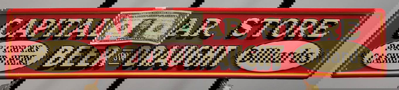 Capital Cigar store sign: Red and white Capital Cigar store advertisement sign 6"H x 32"W