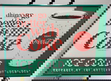 Coke-Cola Advertising Sign: A square aqua and white tin advertisement for coke-cola . 20"H x 20"W