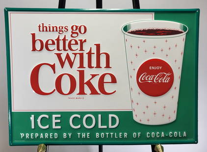 Coke-Cola Advertising Sign: A square aqua and white tin advertisement for coke-cola . 20"H x 20"W