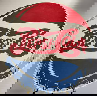 Large Round Pepsi Advertisement: A large round cut out of wood and hand painted in blue, white & red advertisement for Pepsi-Cola. 42" x 42"