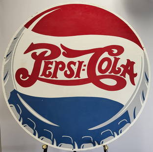 Large Round Pepsi Advertisement: A large round cut out of wood and hand painted in blue, white & red advertisement for Pepsi-Cola. 42" x 42"