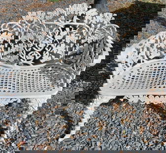 White Aluminum Garden Bench: A 2 person white aluminum garden bench with a fall theme of acorns and leaves. 36"h x 42" x 24"d