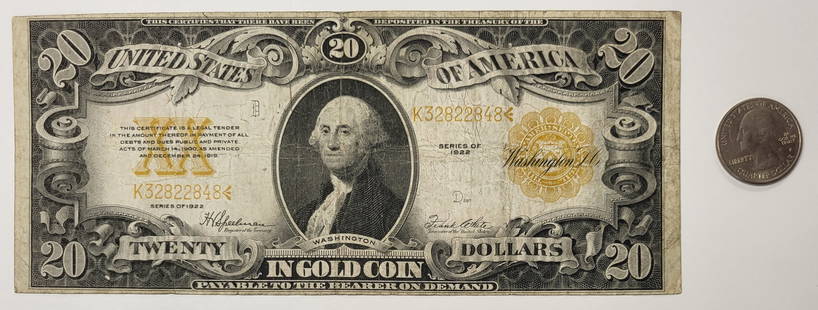 20 Dollar bill gold certificate US bill: $20 gold certificate US bill series of 1922