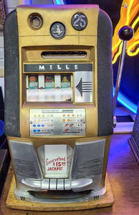 Original Mills Slot Machine: Circa 1940's Mills of Chicago high top 25 Cent working slot machine. 27"h x 16"w x 15"d