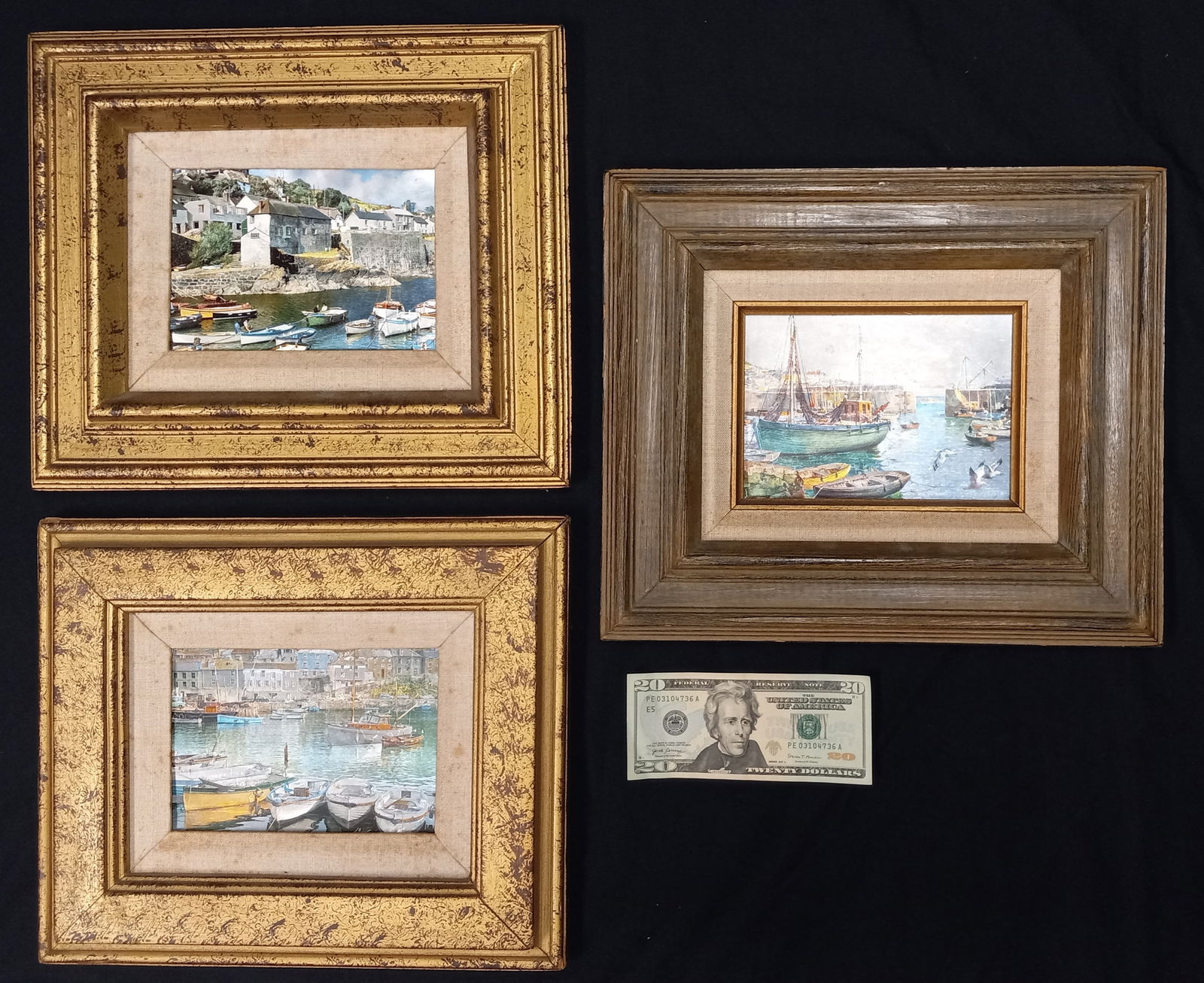 3 Framed Foil Art Fishing Village  Scene (1 of 5)