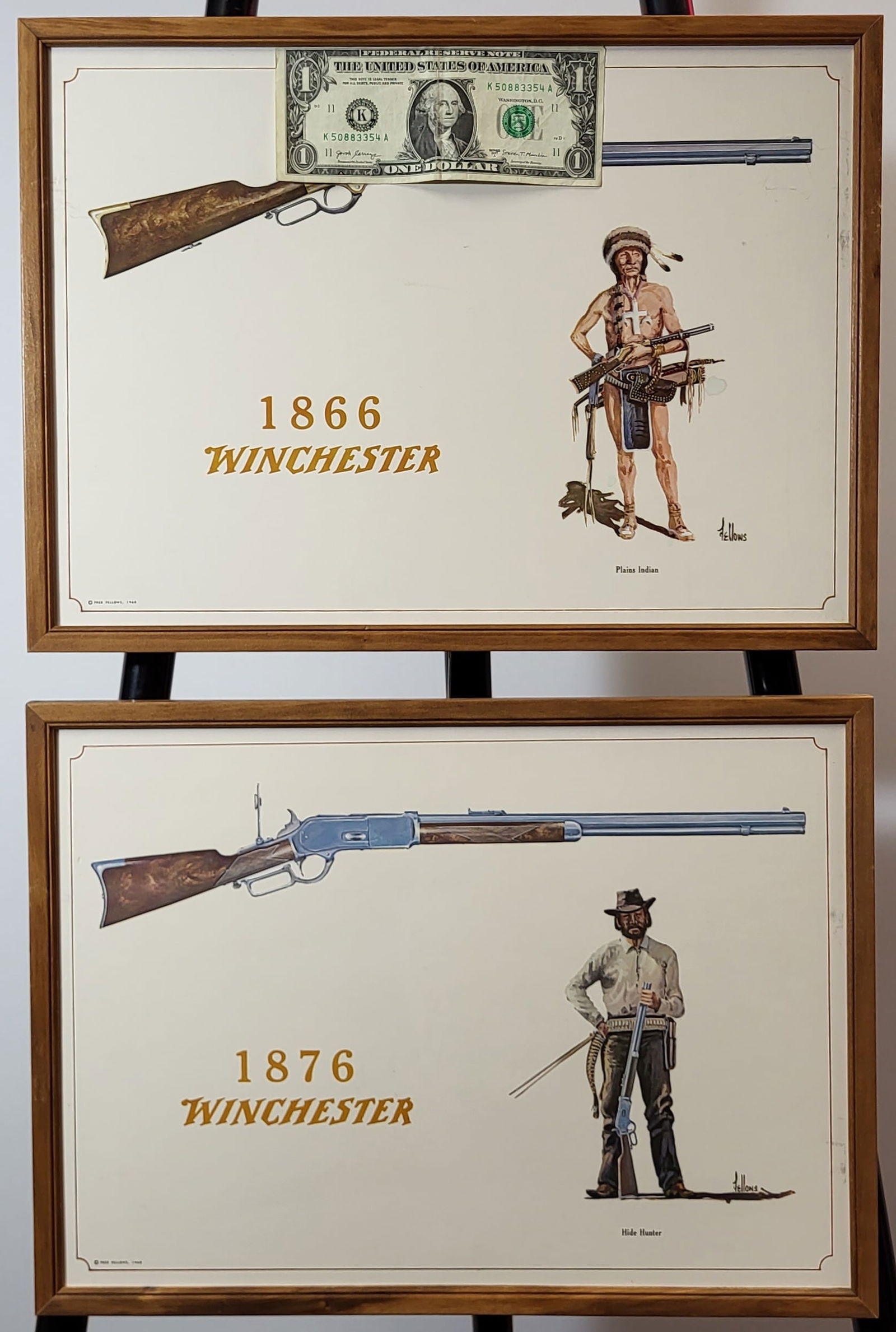 Two Fred Fellows Winchester Advertisements: Each framed features a specific Winchester rifle with a figure from that era holding that years model. One is of the Plains Hunter Indian holding a model from 1886. The other is the Hide Hunter cowboy