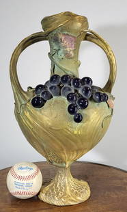 Amphora Art Nouveau Vase: Amphora Art Nouveau pottery vase with double handles and attached vineyard grape bundle. 14"h x 8.5"w