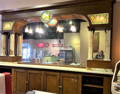 Original 12 Foot Soda Fountain Backbar: Original Back bar from Waco Texas. This beautiful bar has onyx columns and stained glass detail. 9'7"H x 12'4'W x 22"D