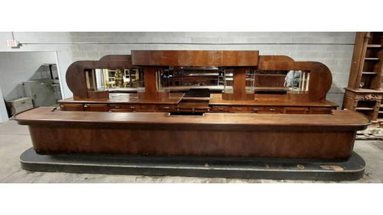 24 Foot Art Deco Mahogony Bar: Original 24-foot Art Deco back bar and matching front bar in mahogany. 8' high and 24' Long