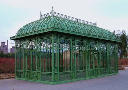 Spectacular Greenhouse Solarium: Greenhouse solarium in galvanized powder coated steel and tempered glass. Made after the original French design. Purchaser will need to pour a 4 inch concrete pad for support. 15ft high x 28ft wide