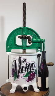 Hand Painted Grape Press: White and purple hand painted manual grape press. 22"h x 11"w x 11"d